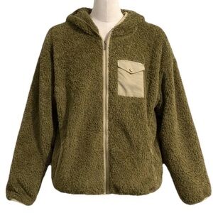 UGG Women’s Olive Green Sherpa Kadence Fleece Hoodie Jacket  Zip Front Cozy XL
